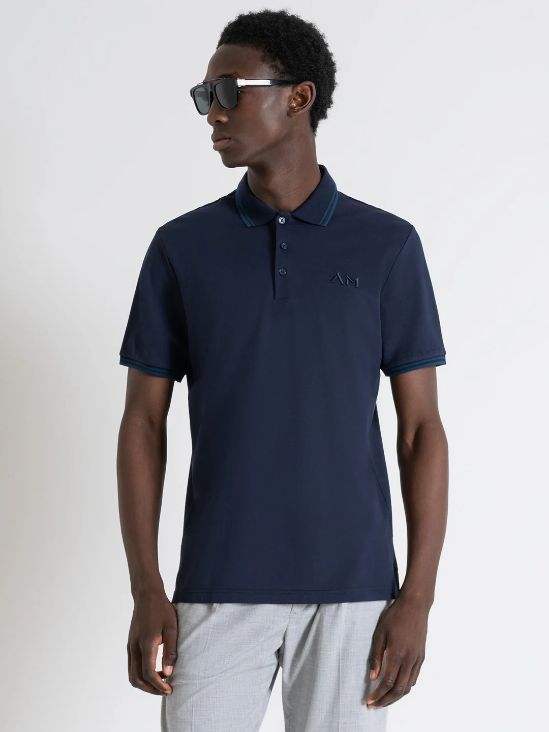 Antony Morato Men Blue Solid Polo Collar Short Sleeves Tshirt