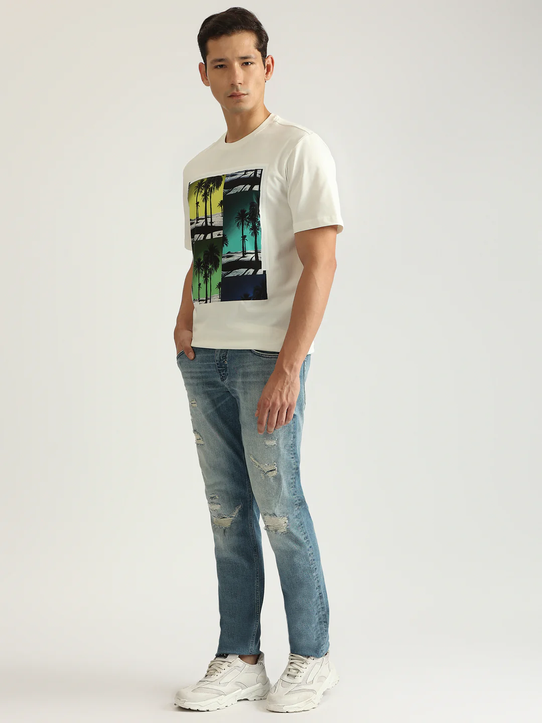 Antony Morato Men Off White Printed Round Neck Short Sleeves Tshirt - Image 5