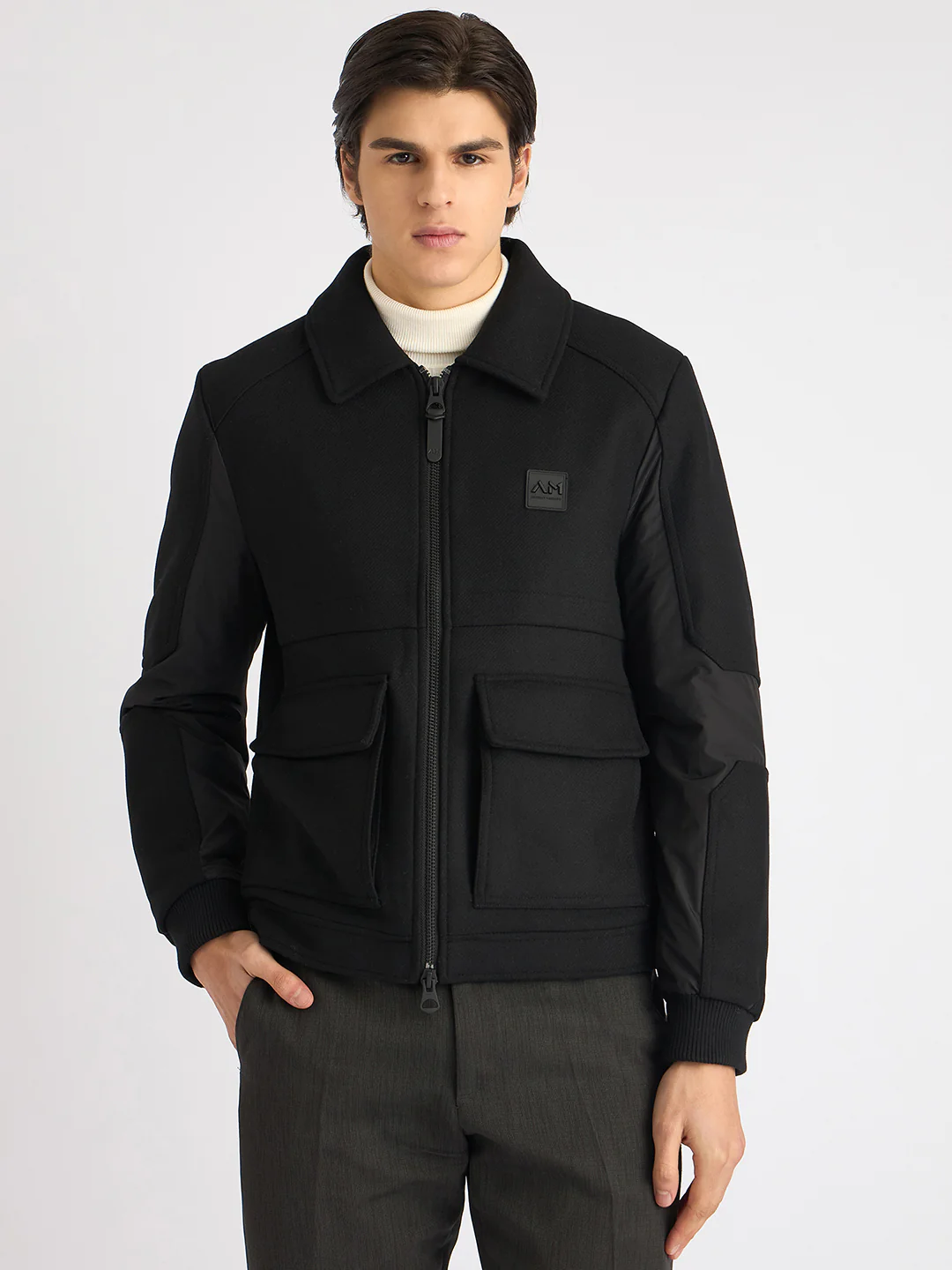 Antony Morato Men Black Solid Spread Collar Full Sleeves Jacket