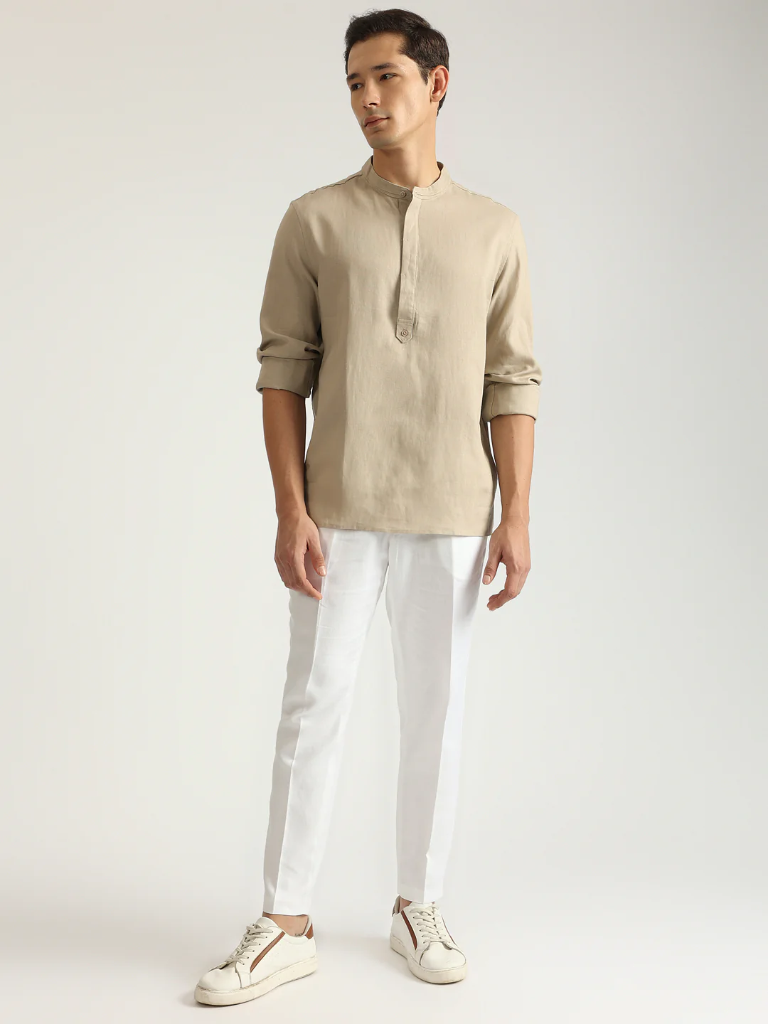 Antony Morato Men Beige Solid Band Collar Full Sleeves Shirt - Image 5