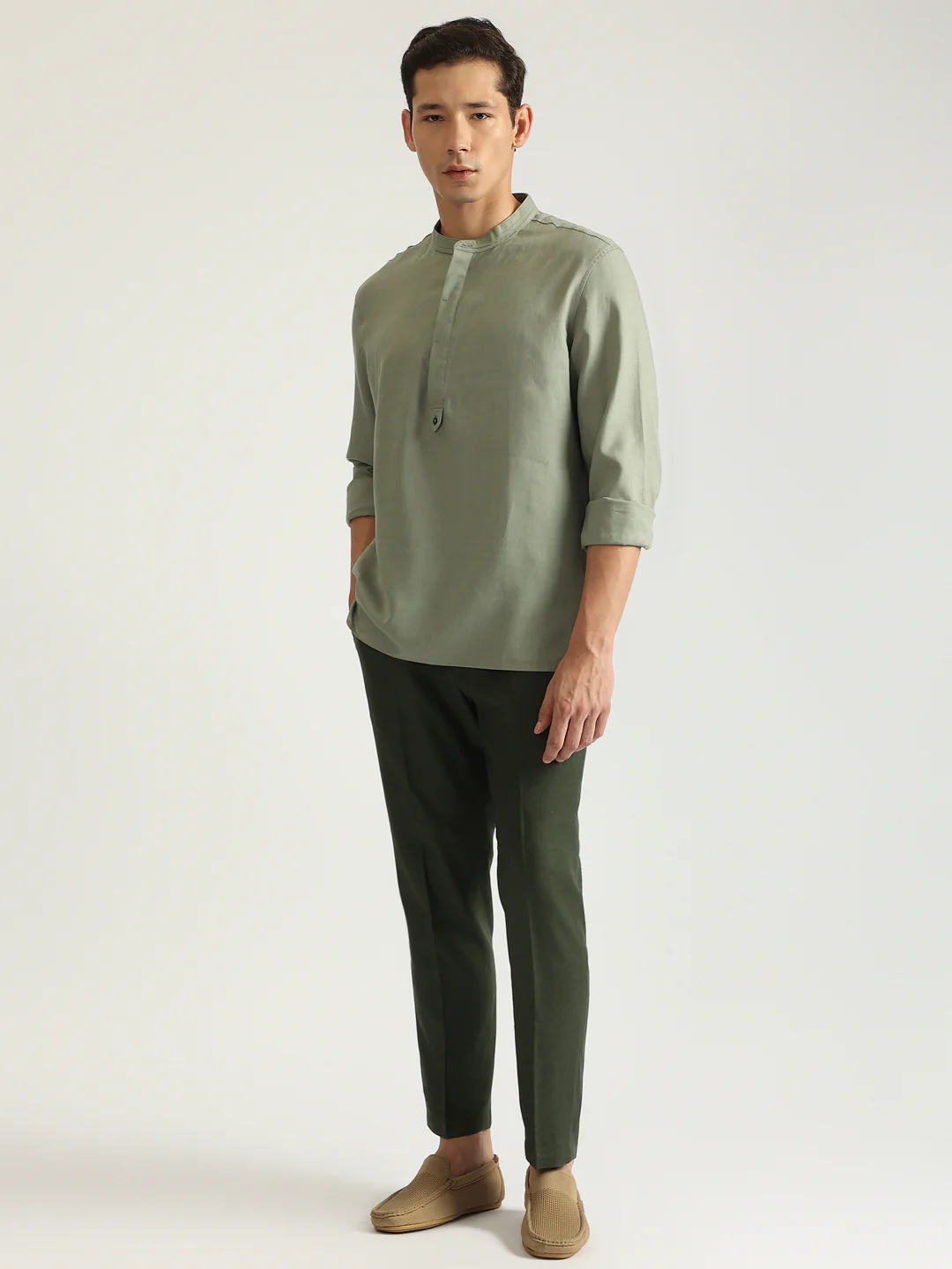 Antony Morato Men Green Solid Band Collar Full Sleeves Shirt - Image 5