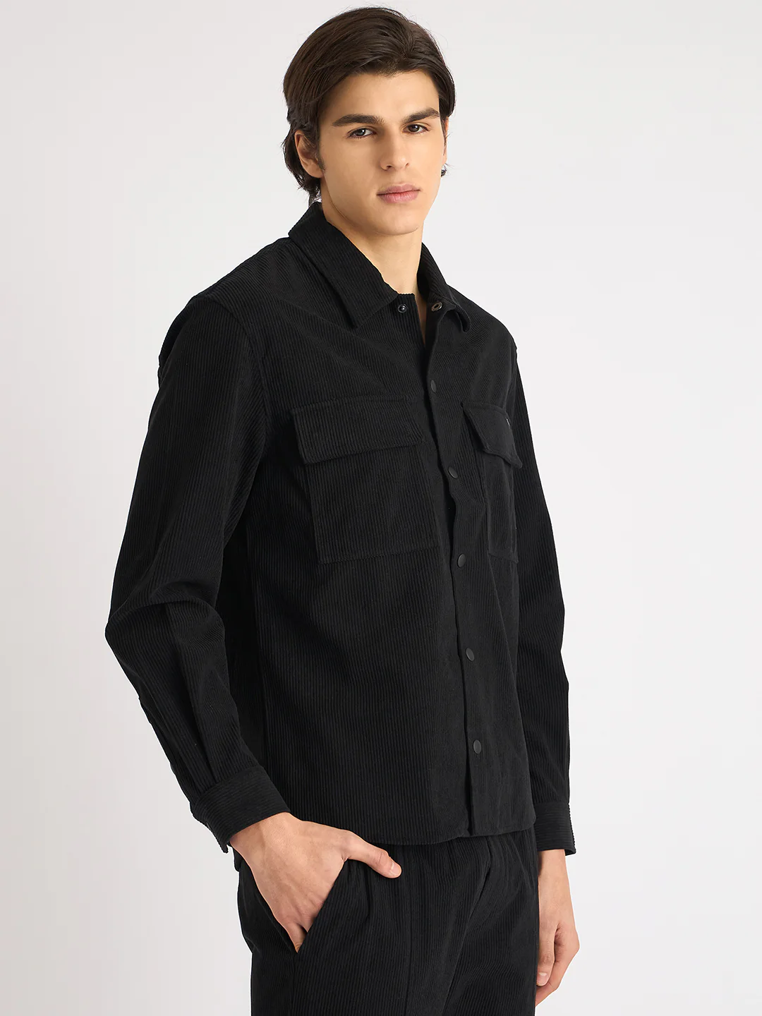 Antony Morato Men Black Solid Spread Collar Full Sleeves Corduroy Shirt - Image 2