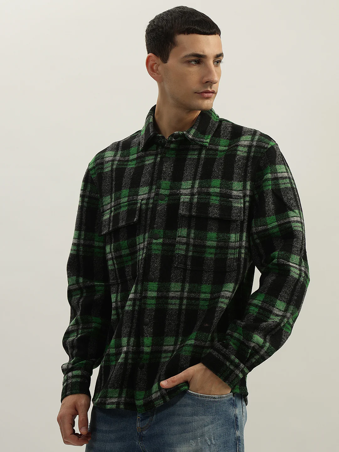 Antony Morato Men Green Checked Spread Collar Full Sleeves Shirt - Image 2