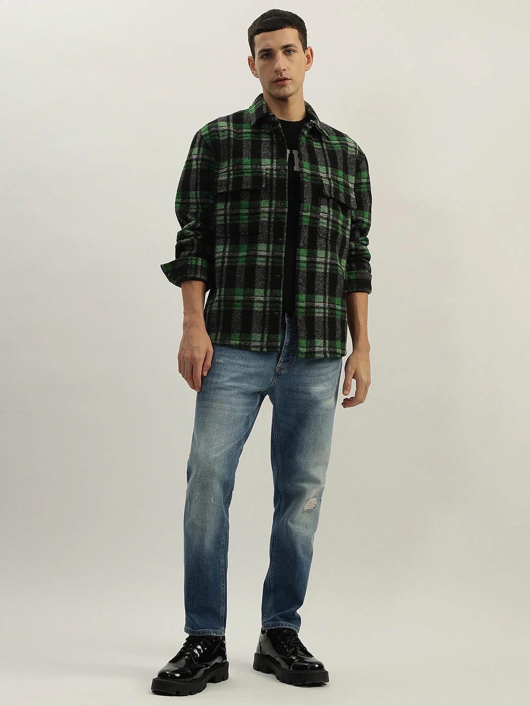 Antony Morato Men Green Checked Spread Collar Full Sleeves Shirt - Image 4