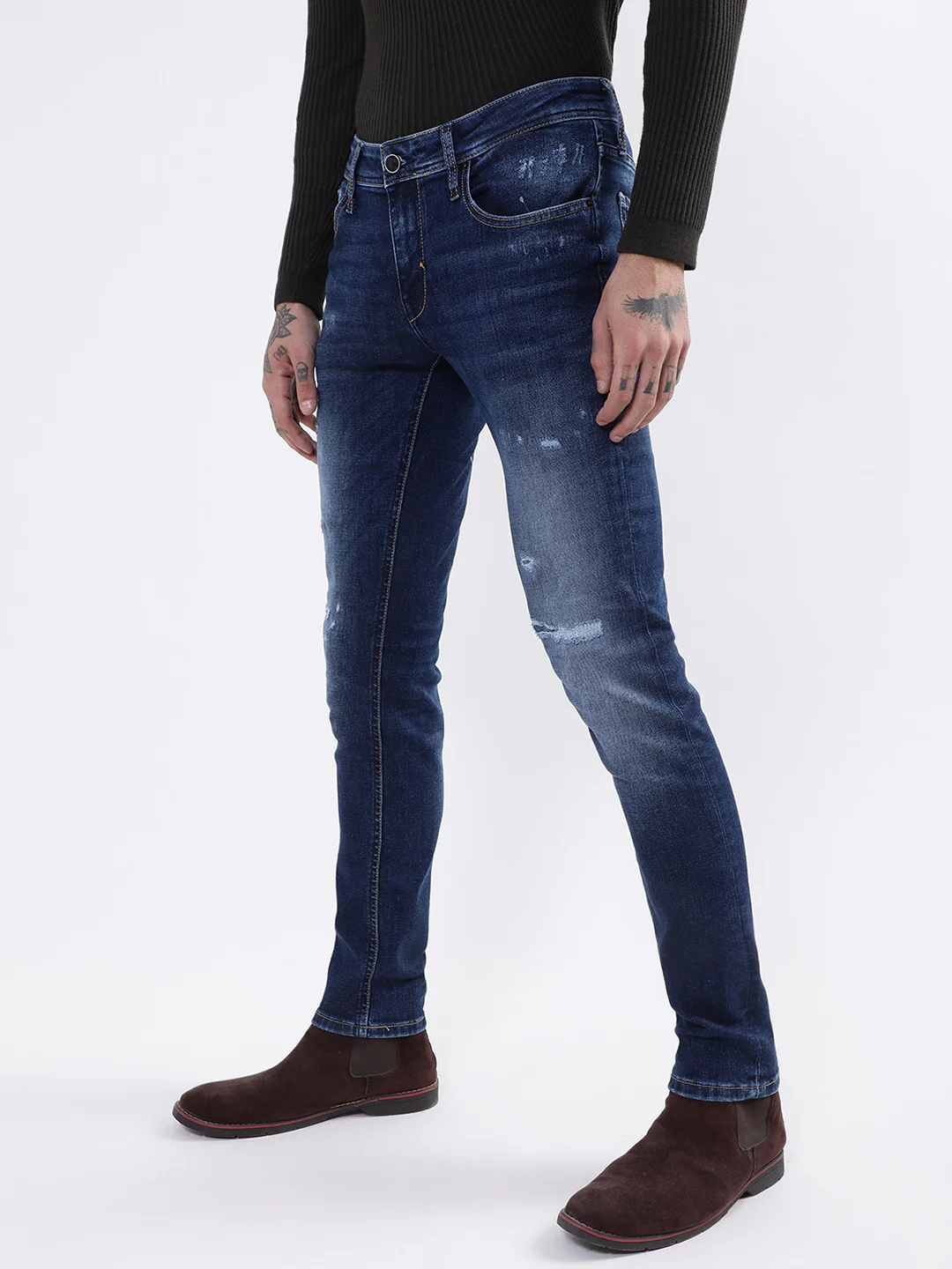 Antony Morato Men Blue Tapered Fit Low Distress Heavy Fade Stretchable Jeans - Image 3