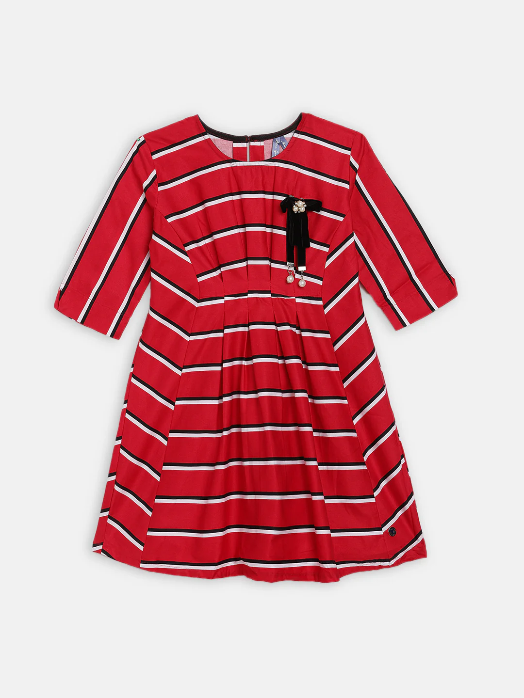 Blue Giraffe Girls Red Striped Round Neck Dress - Image 3