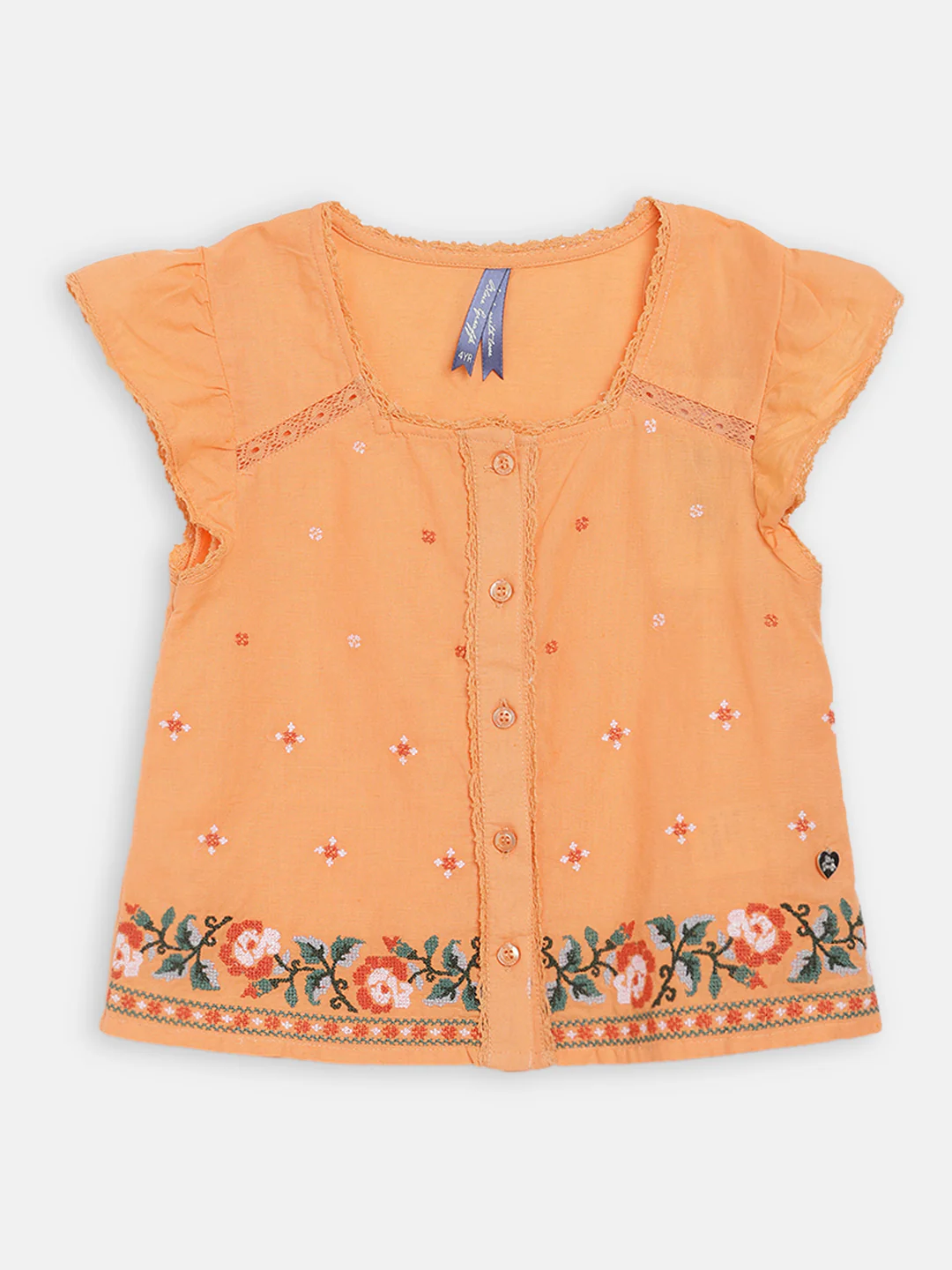 Blue Giraffe Girls Orange Solid Round Neck Top - Image 3
