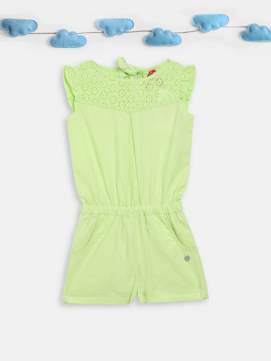 Blue Giraffe Girls Green Solid Round Neck Playsuit - Image 2