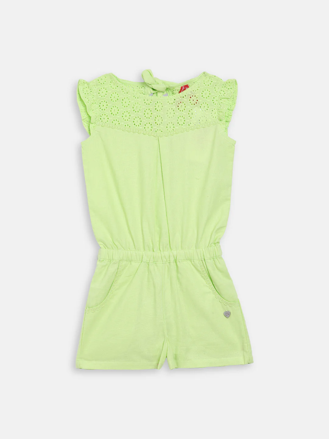 Blue Giraffe Girls Green Solid Round Neck Playsuit - Image 4