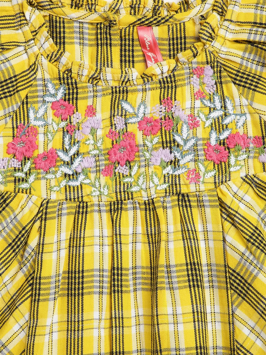 Blue Giraffe Girls Yellow Checked Round Neck Short Sleeves A-Line Dress - Image 3