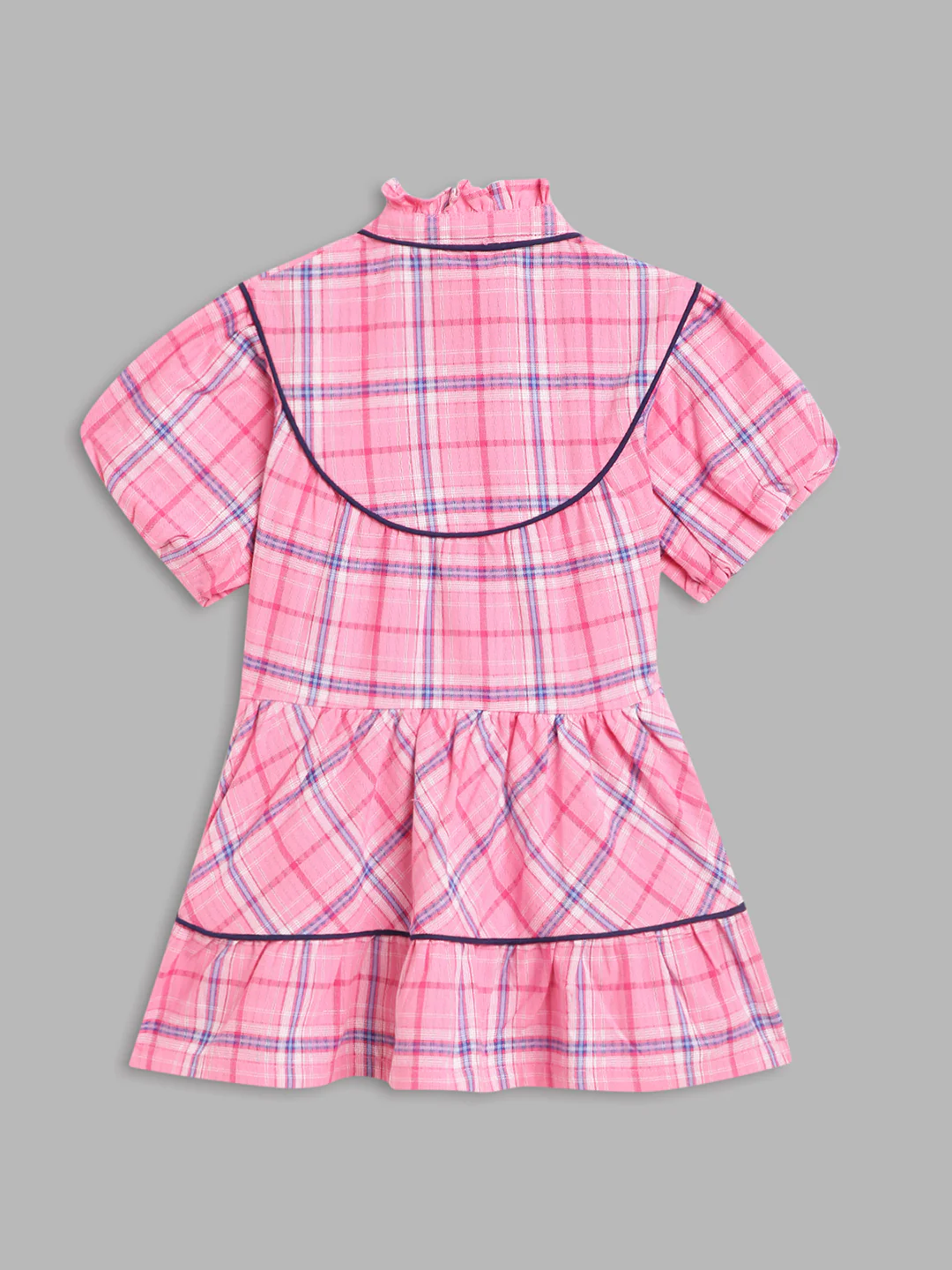 Blue Giraffe Girls Pink Checked High Neck Short Sleeves A-Line Dress - Image 2