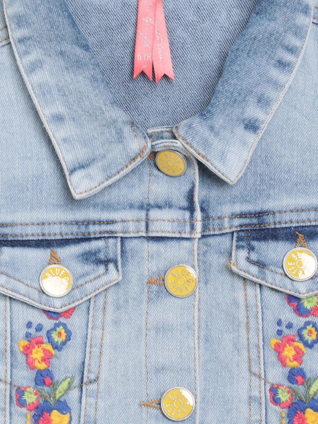 Blue Giraffe Girls Blue Embroidered Shirt Collar Full Sleeves Denim Jacket - Image 3