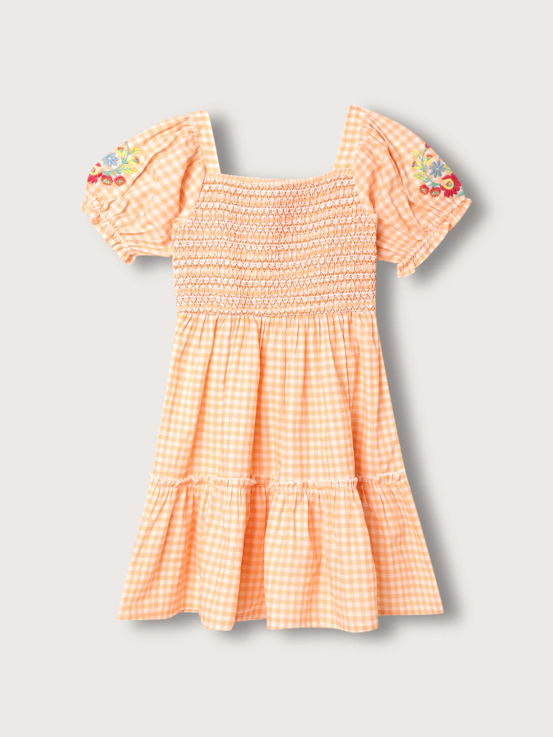 Blue Giraffe Girls Peach Checked Square Neck Dress - Image 2