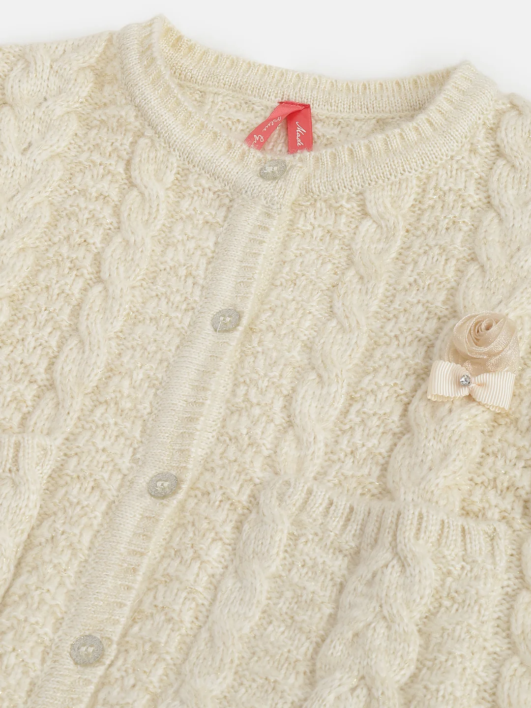 Blue Giraffe Girls Cream Self-Design Round Neck Full Sleeves Cardigan Style Sweater - Image 3
