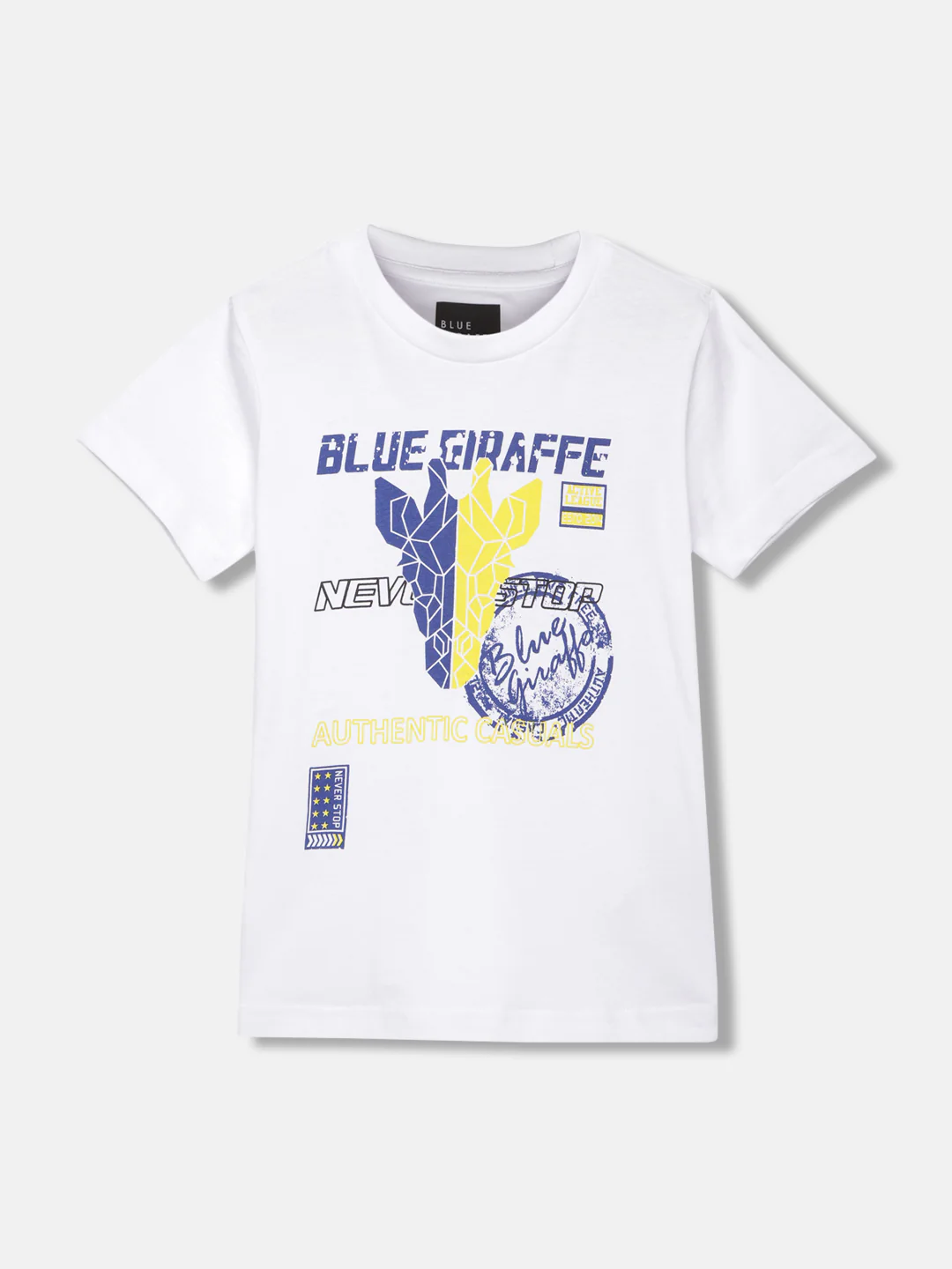 Blue Giraffe Boys White Animal Print Round Neck Short Sleeves Tshirt