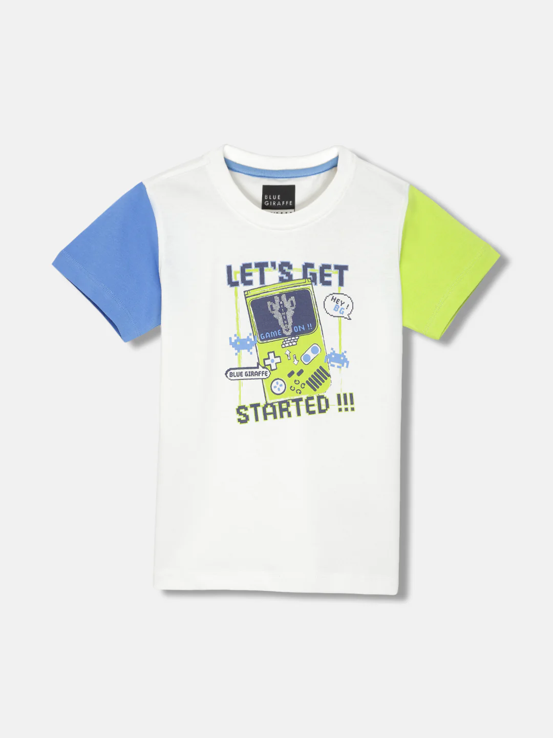 Blue Giraffe Boys White Printed Round Neck Short Sleeves Tshirt