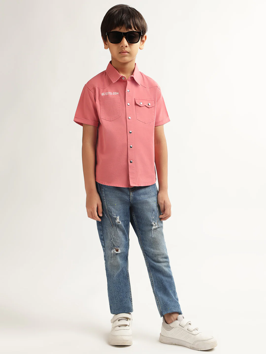 Blue Giraffe Boys Pink Solid Spread Collar Short Sleeves Shirt - Image 4