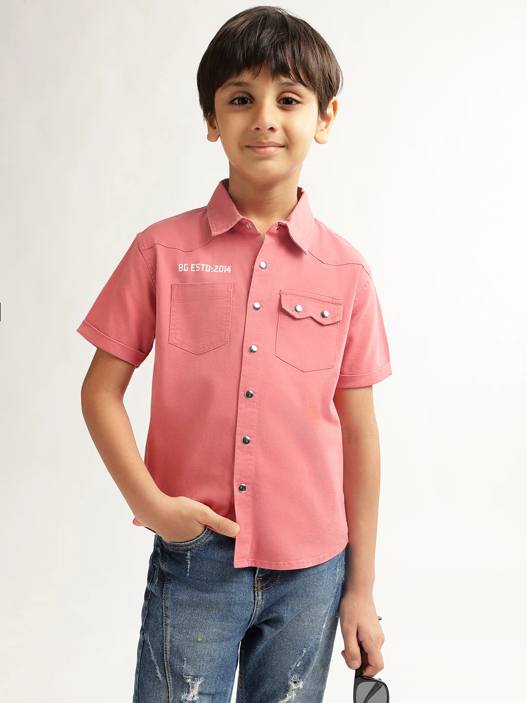 Blue Giraffe Boys Pink Solid Spread Collar Short Sleeves Shirt - Image 6