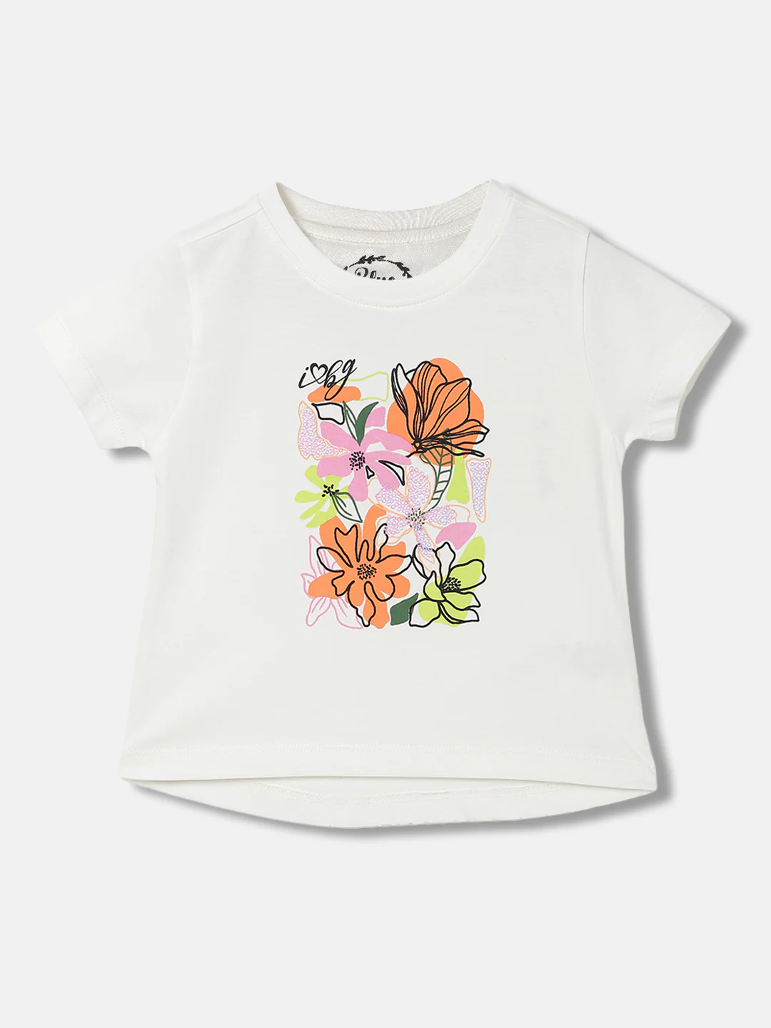 Blue Giraffe Girls White Printed Round Neck Short Sleeves Tshirt