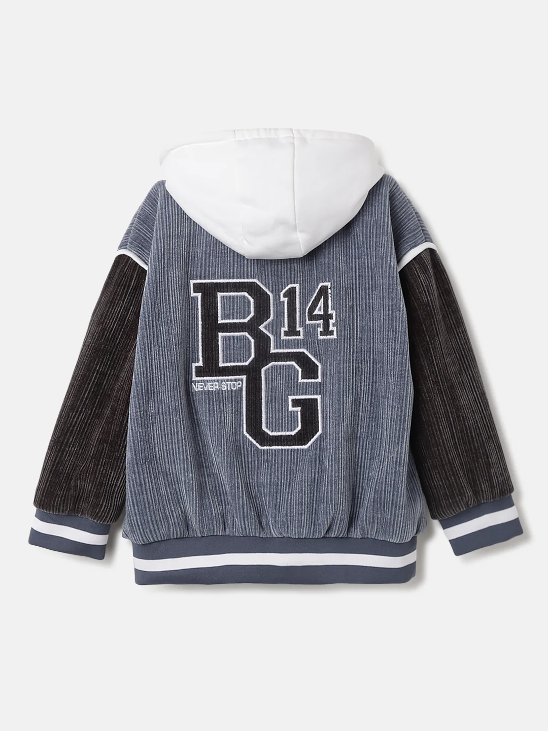 Blue Giraffe Boys Color-Blocked Hooded Full Sleeves Varsity Jacket - Image 2