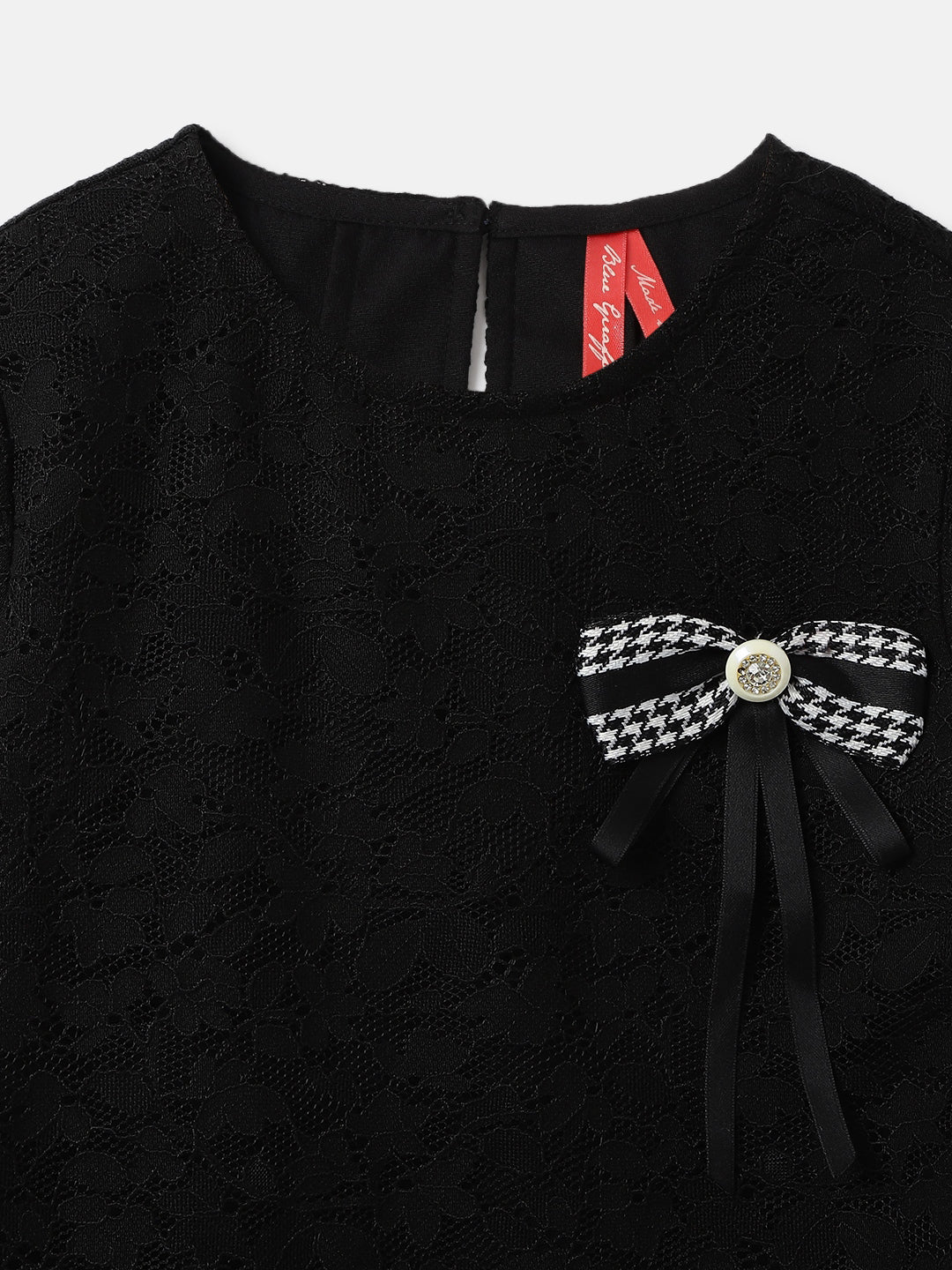 Blue Giraffe Girls Black Self Design Round Neck 3/4th Sleeves A-Line Dress - Image 3
