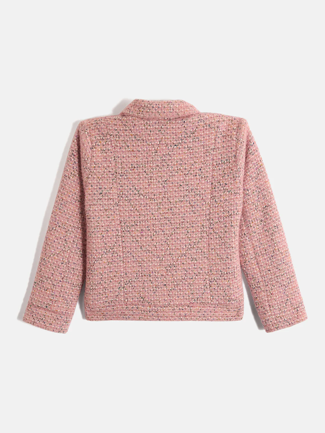 Blue Giraffe Girls Pink Self Design Spread Collar Full Sleeves Tweed Jacket - Image 2