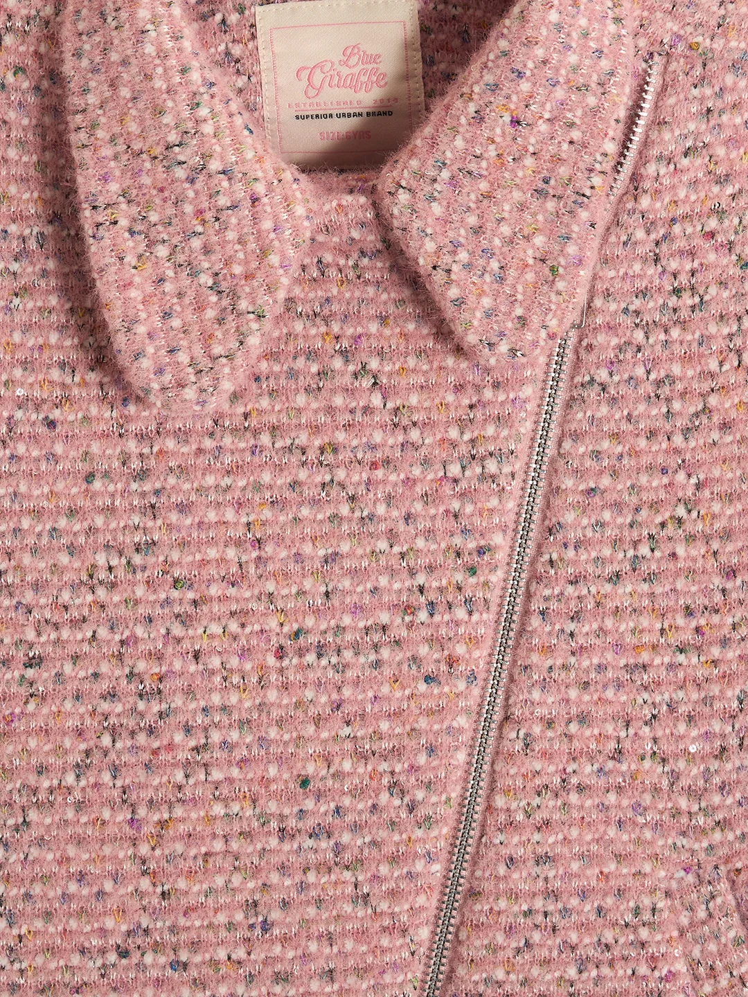 Blue Giraffe Girls Pink Self Design Spread Collar Full Sleeves Tweed Jacket - Image 3