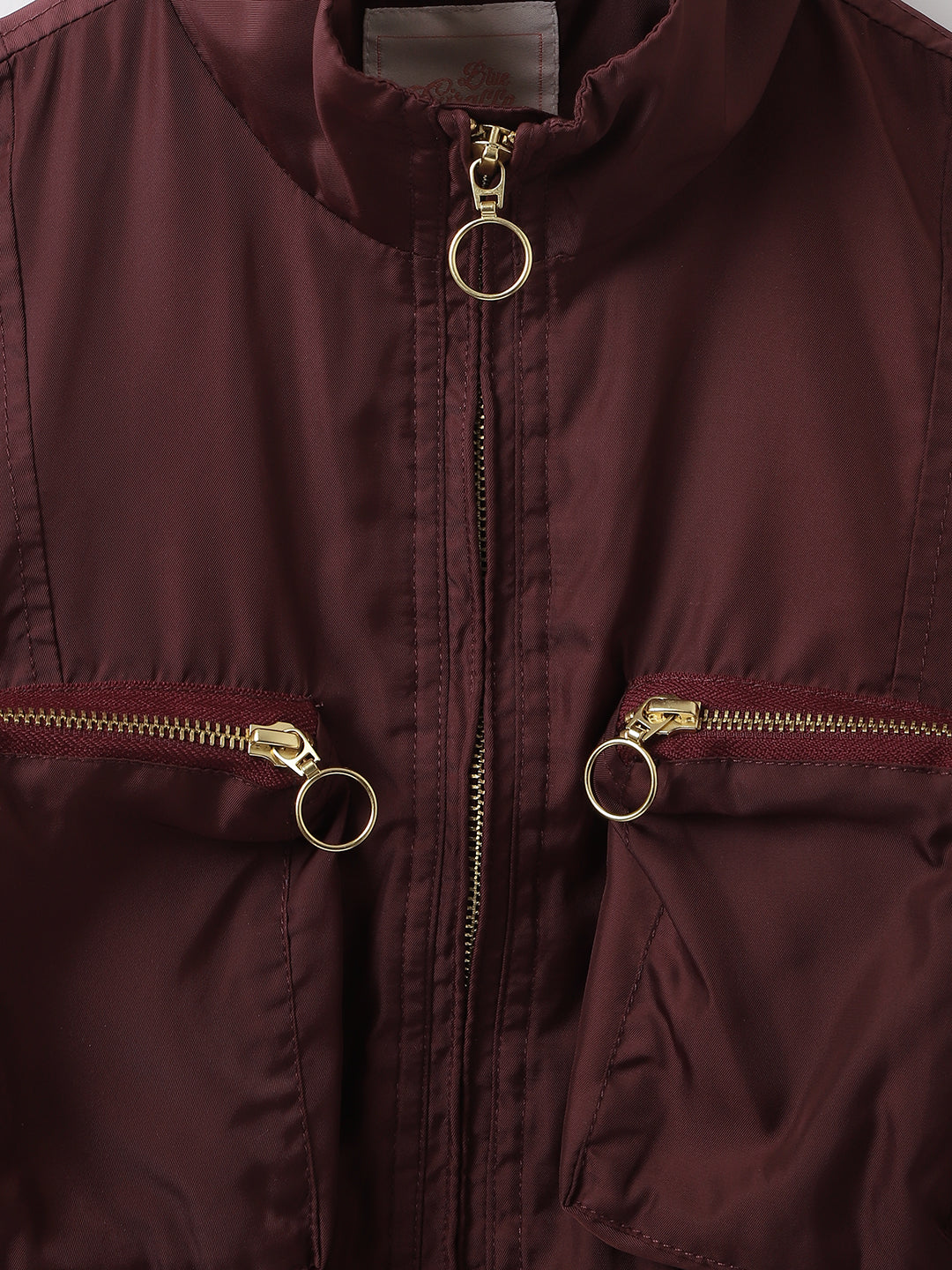 Blue Giraffe Girls Red Solid High Neck Full Sleeves Bomber Jacket - Image 3