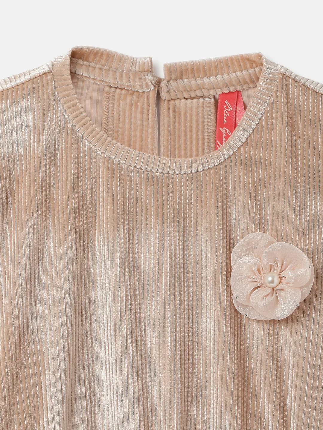 Blue Giraffe Girls Beige Solid Round Neck Full Sleeves Corduroy A-Line Dress - Image 3