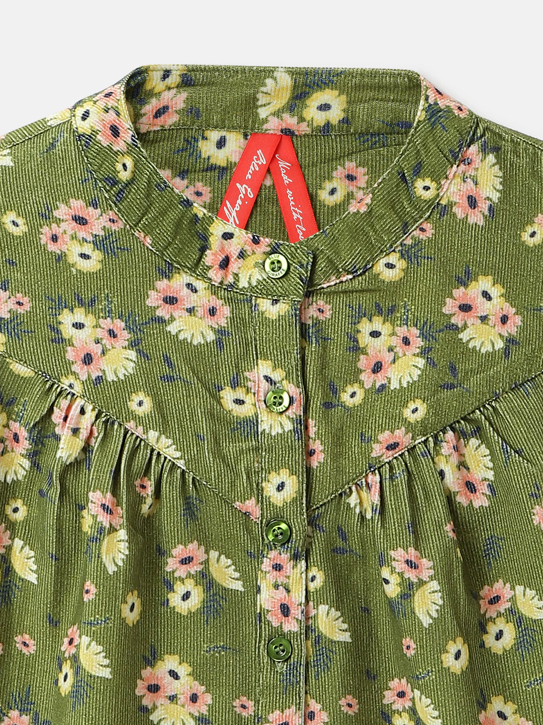 Blue Giraffe Girls Green Printed Band Collar Full Sleeves Top - Image 3