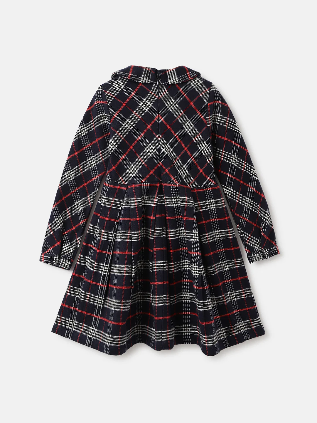 Blue Giraffe Girls Navy Checked Peter Pan Collar Full Sleeves Fit And Flare Dress - Image 2