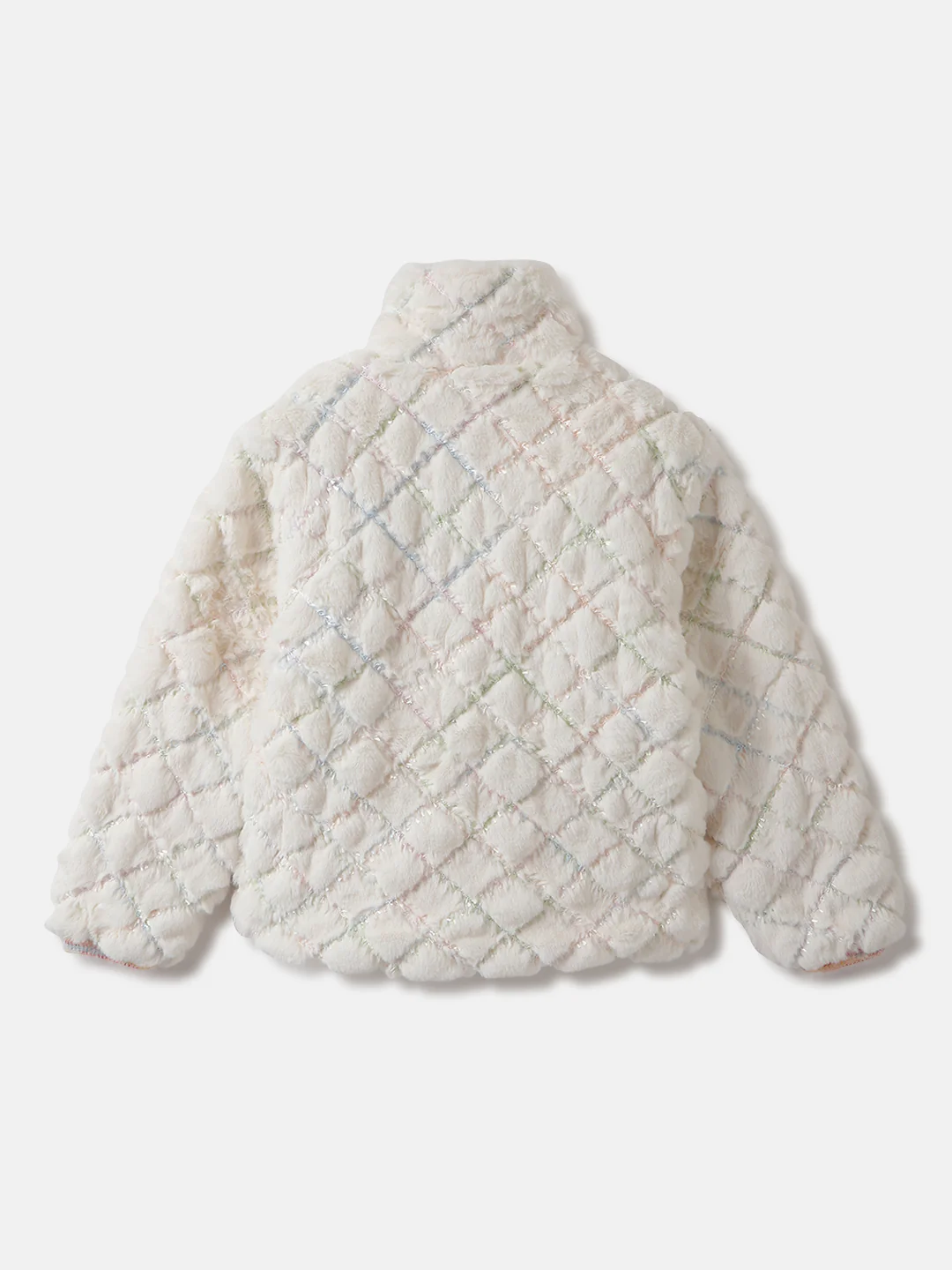 Blue Giraffe Girls Cream Self Design Stand Collar Full Sleeves Faux Fur Jacket - Image 2