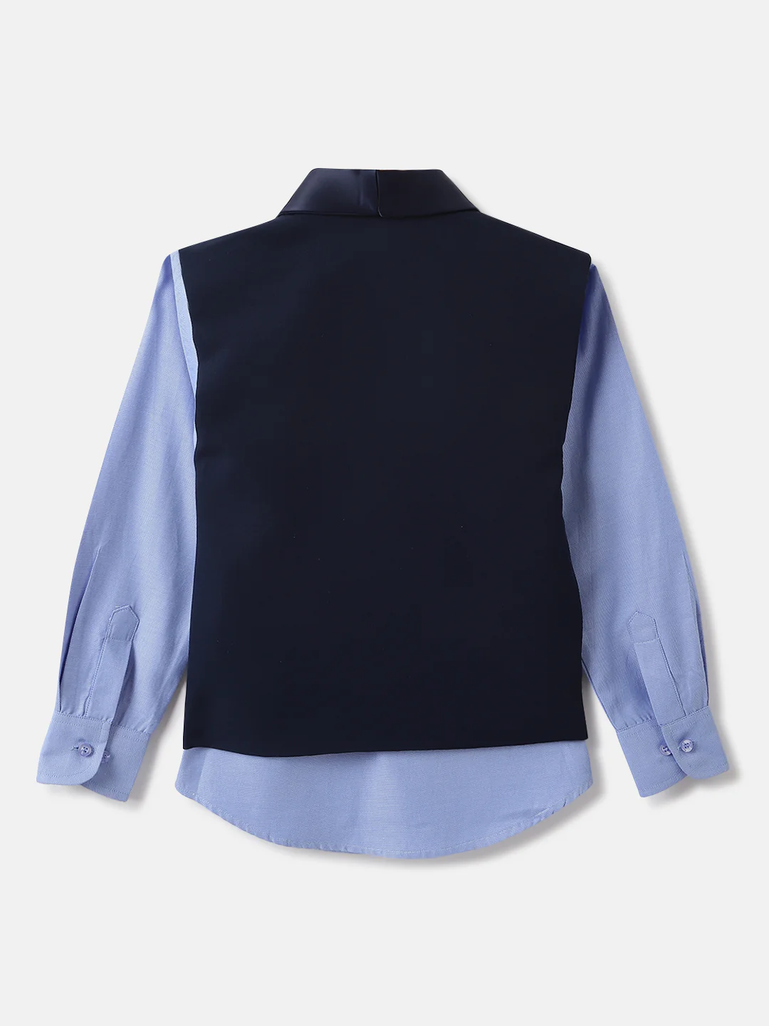 Blue Giraffe Boys Blue Solid Waistcoat: Shawl Collar, Shirt- Spread Collar Waistcoat: Sleeveless, Shirt- Full Sleeves Waist Coat Set - Image 2