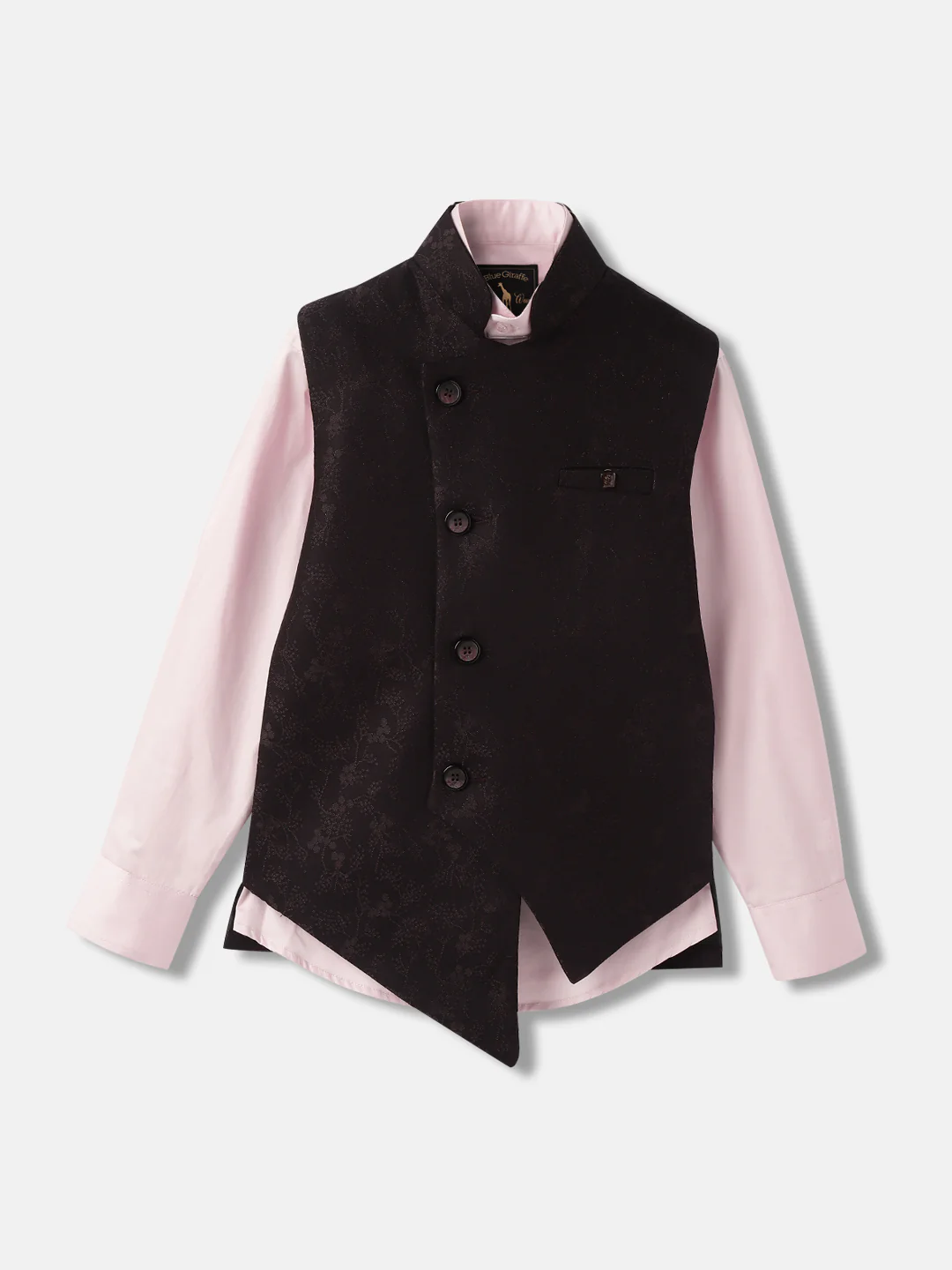 Blue Giraffe Boys Wine Self Design Spread Collar Full Sleeves Waist Coat Set - Image 2