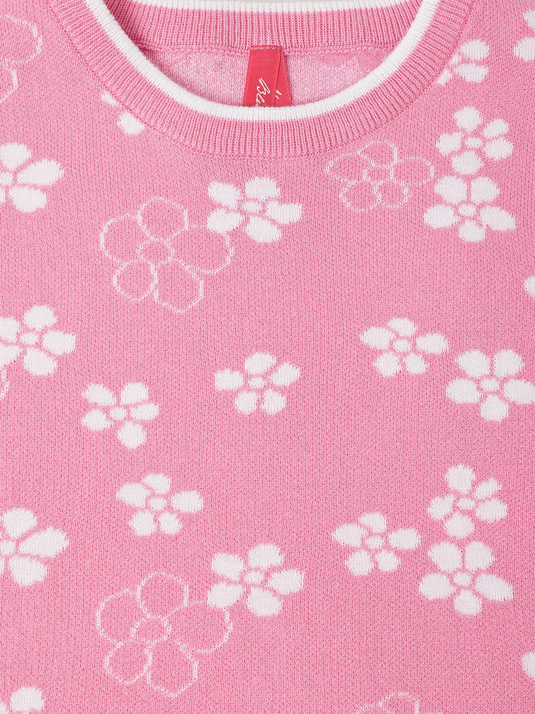 Blue Giraffe Girls Pink All Over Floral Jacquard Round Neck TShirt - Image 3
