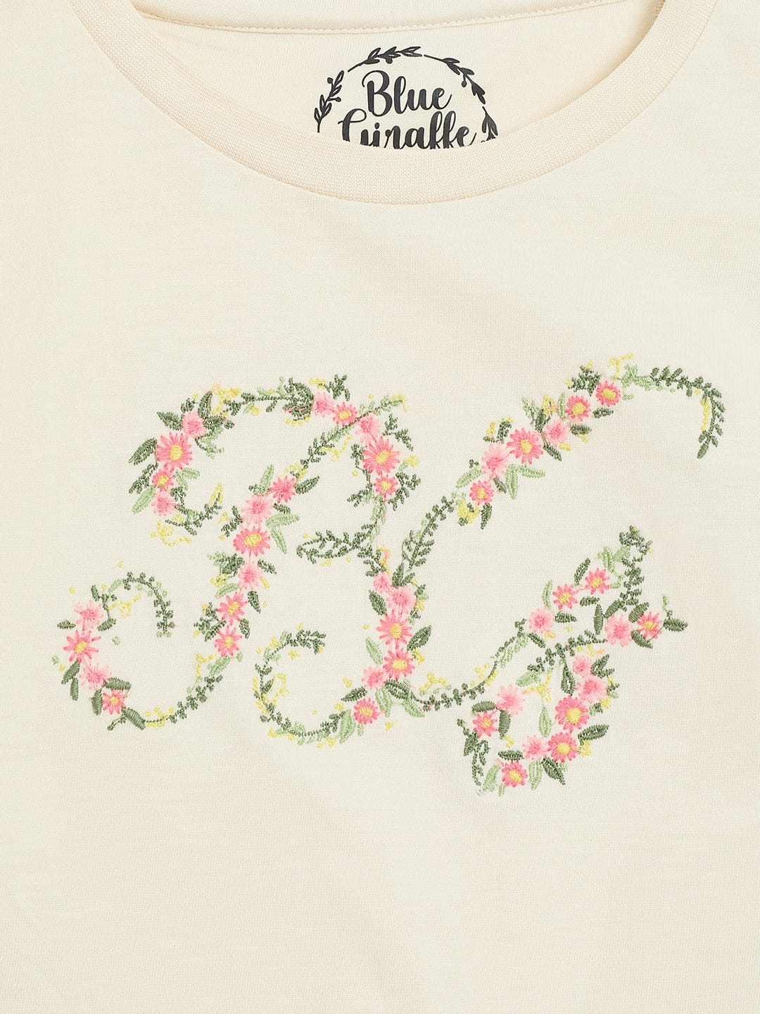 Blue Giraffe Girls Cream Solid Round Neck Tshirt - Image 3