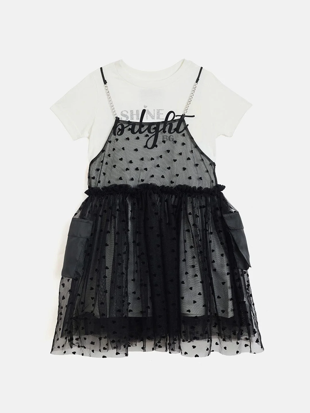 Blue Giraffe Girls White All Over Flock Print Round Neck Dress