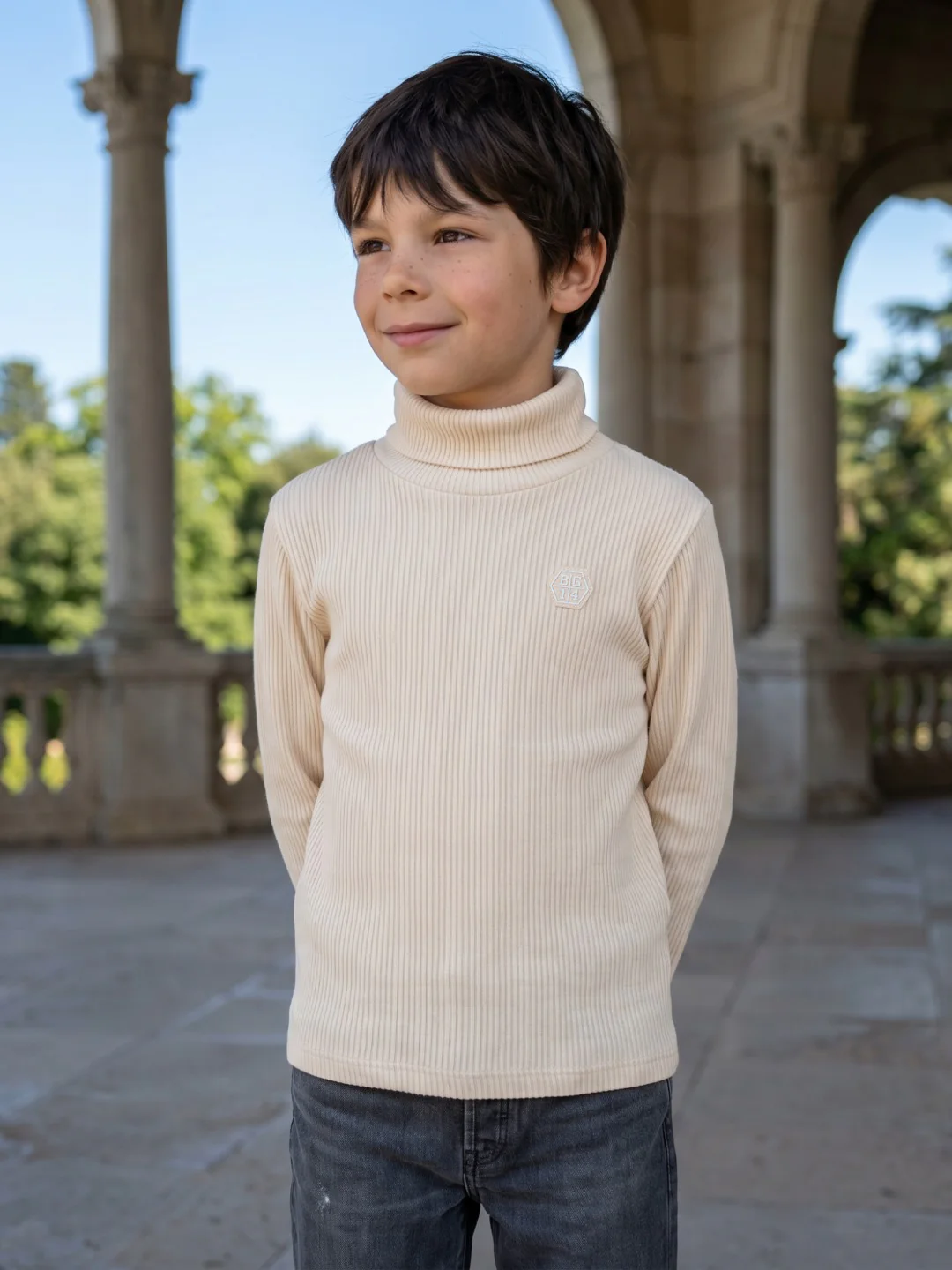 BLUE GIRAFFE Boys Beige Textured High Neck T-Shirt