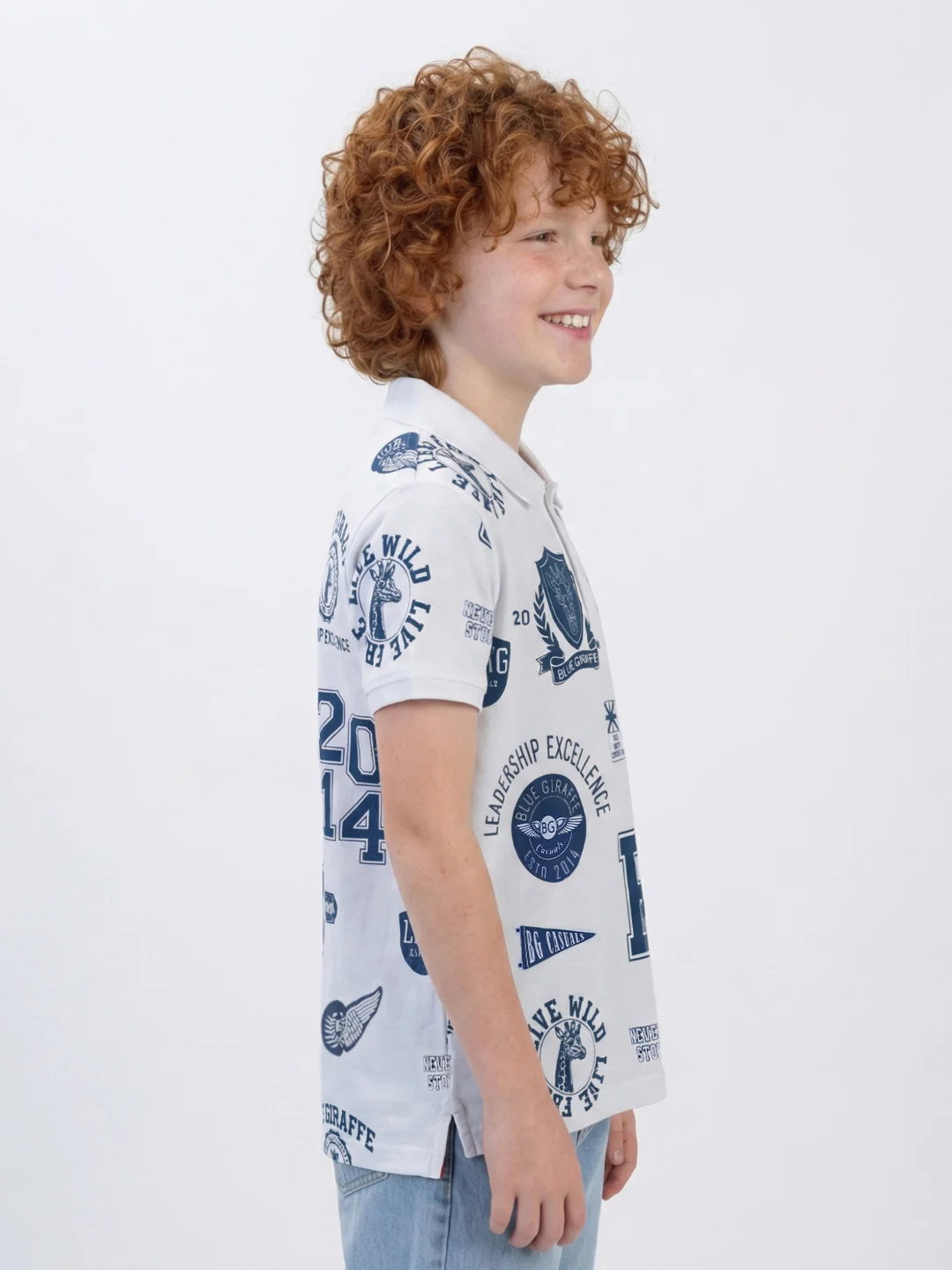 Blue Giraffe Boys White Printed Regular Fit Pure Cotton Polo T-Shirt - Image 3