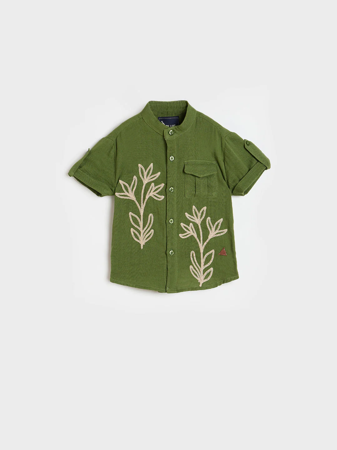 Blue Giraffe Boys Olive Green Embroidered Regular Fit Pure Cotton Shirt - Image 2