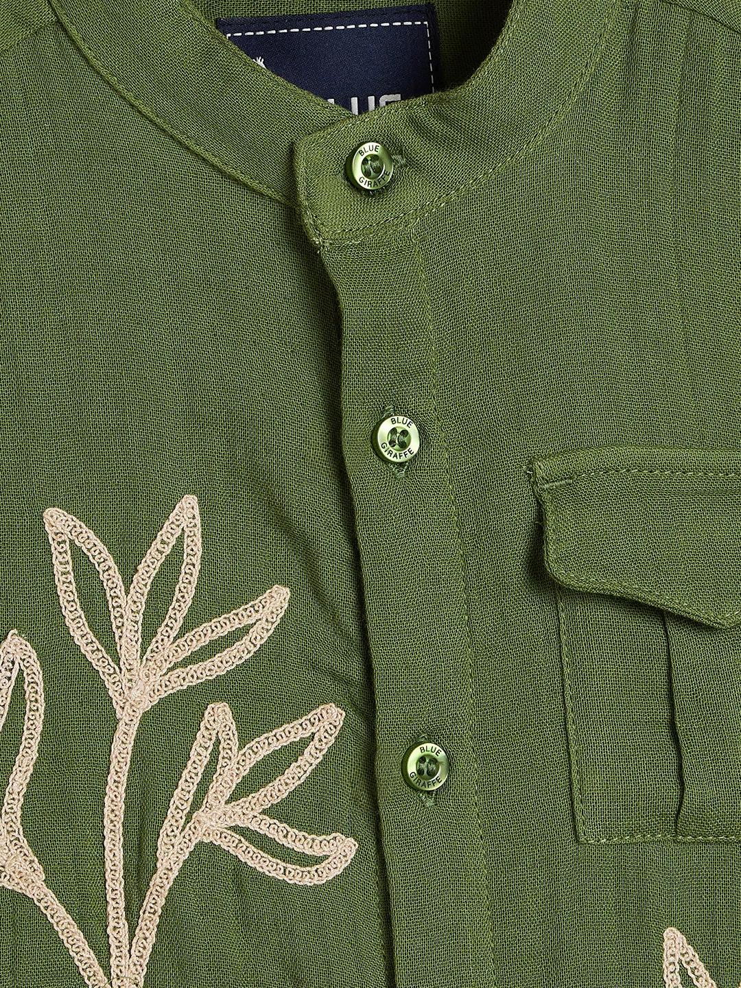 Blue Giraffe Boys Olive Green Embroidered Regular Fit Pure Cotton Shirt - Image 4