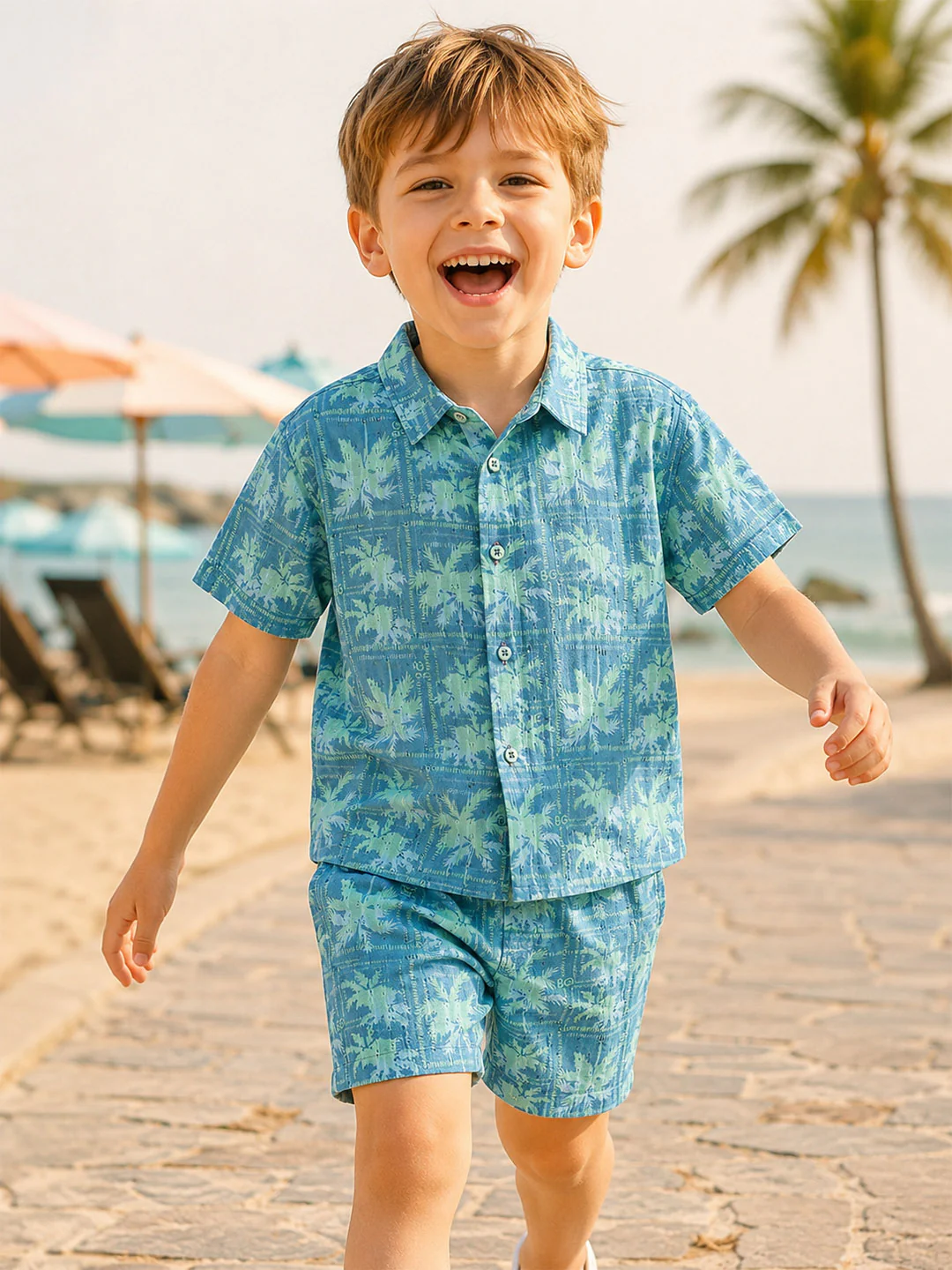 Blue Giraffe Boys Teal Green Floral Regular Fit Pure Cotton Shirt