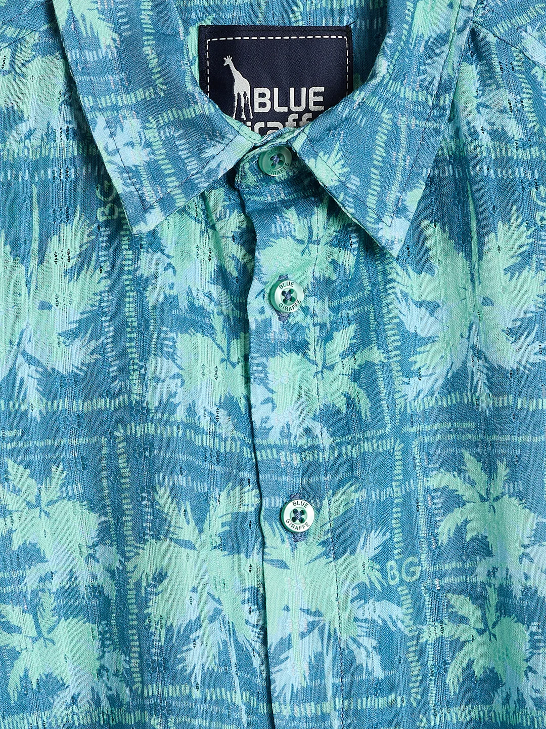 Blue Giraffe Boys Teal Green Floral Regular Fit Pure Cotton Shirt - Image 4