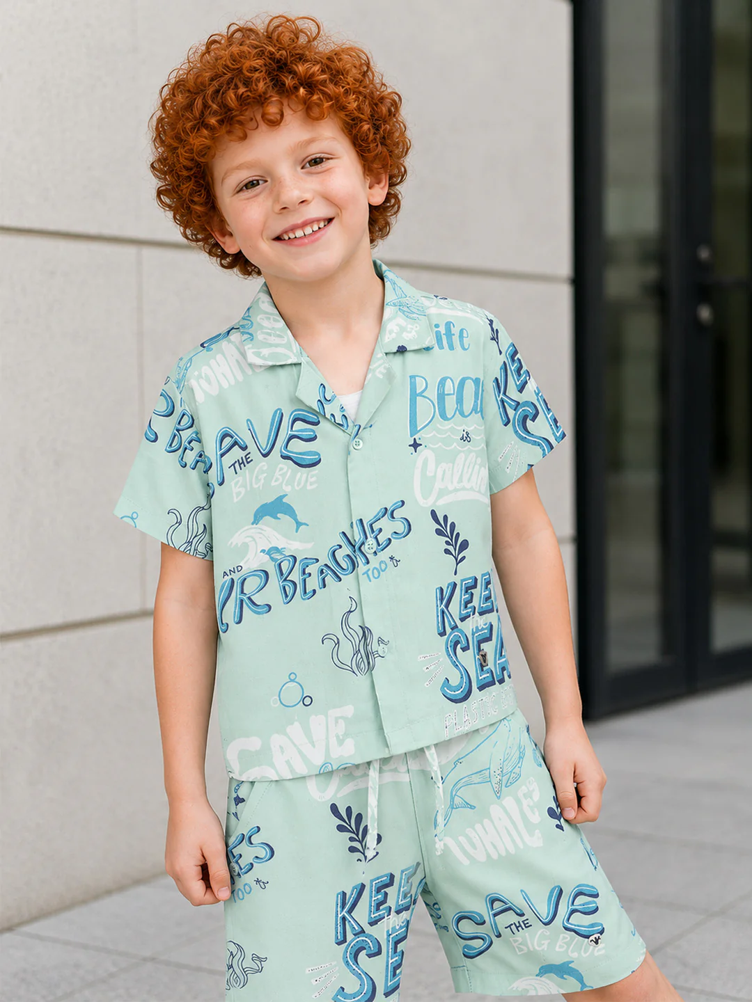 Blue Giraffe Boys Mint Green Printed Regular Fit Shirt