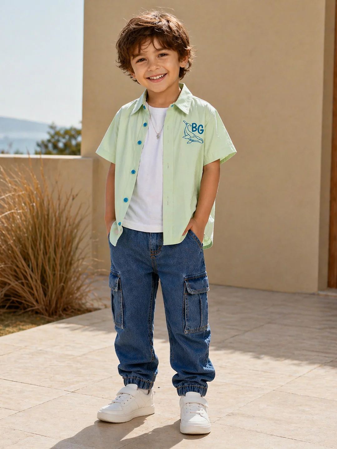 Blue Giraffe Boys Green Printed Regular Fit Pure Cotton Shirt - Image 2