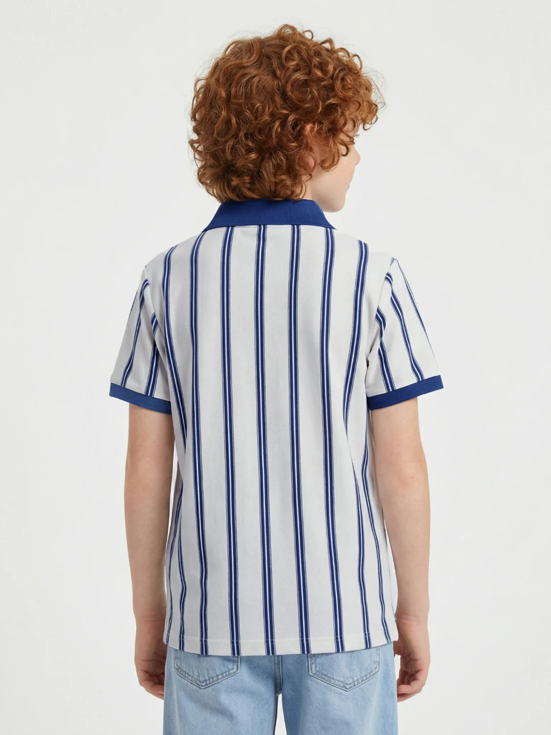 Blue Giraffe Boys White Striped Regular Fit Pure Cotton Polo T-Shirt - Image 3