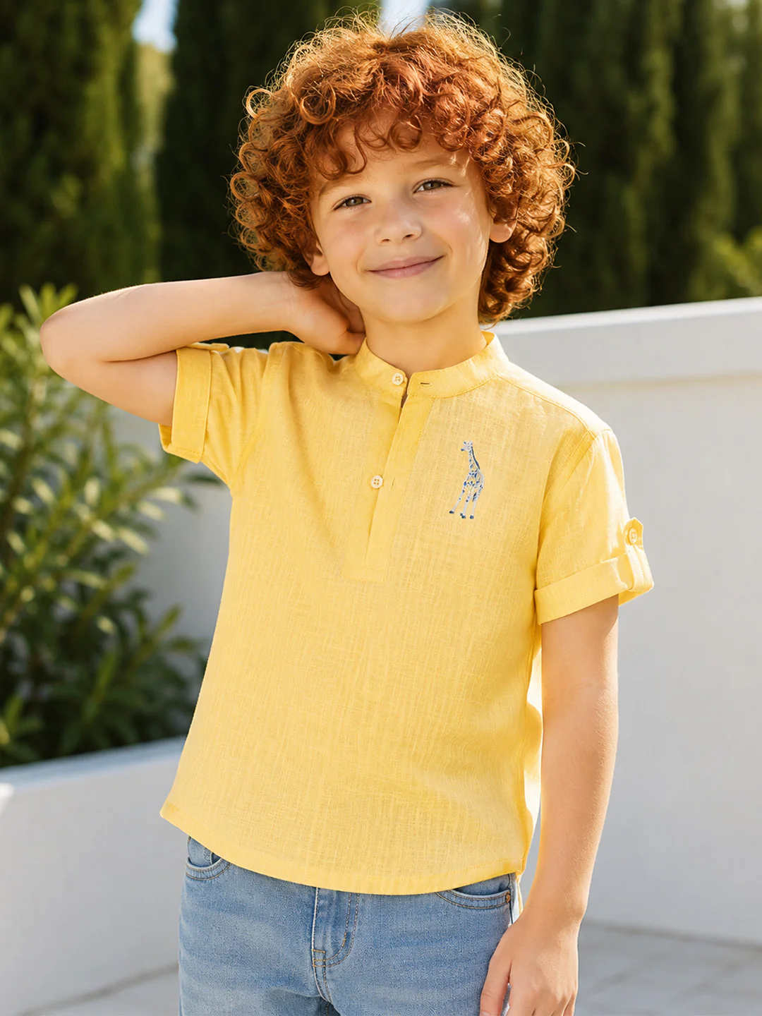 Blue Giraffe Boys Yellow Solid Regular Fit Pure Cotton Shirt