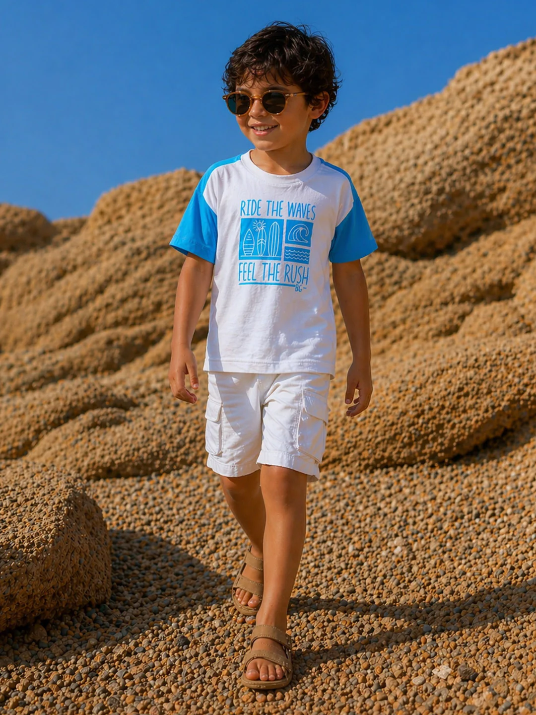 Blue Giraffe Boys White Printed Boxy Fit Pure Cotton T-Shirt