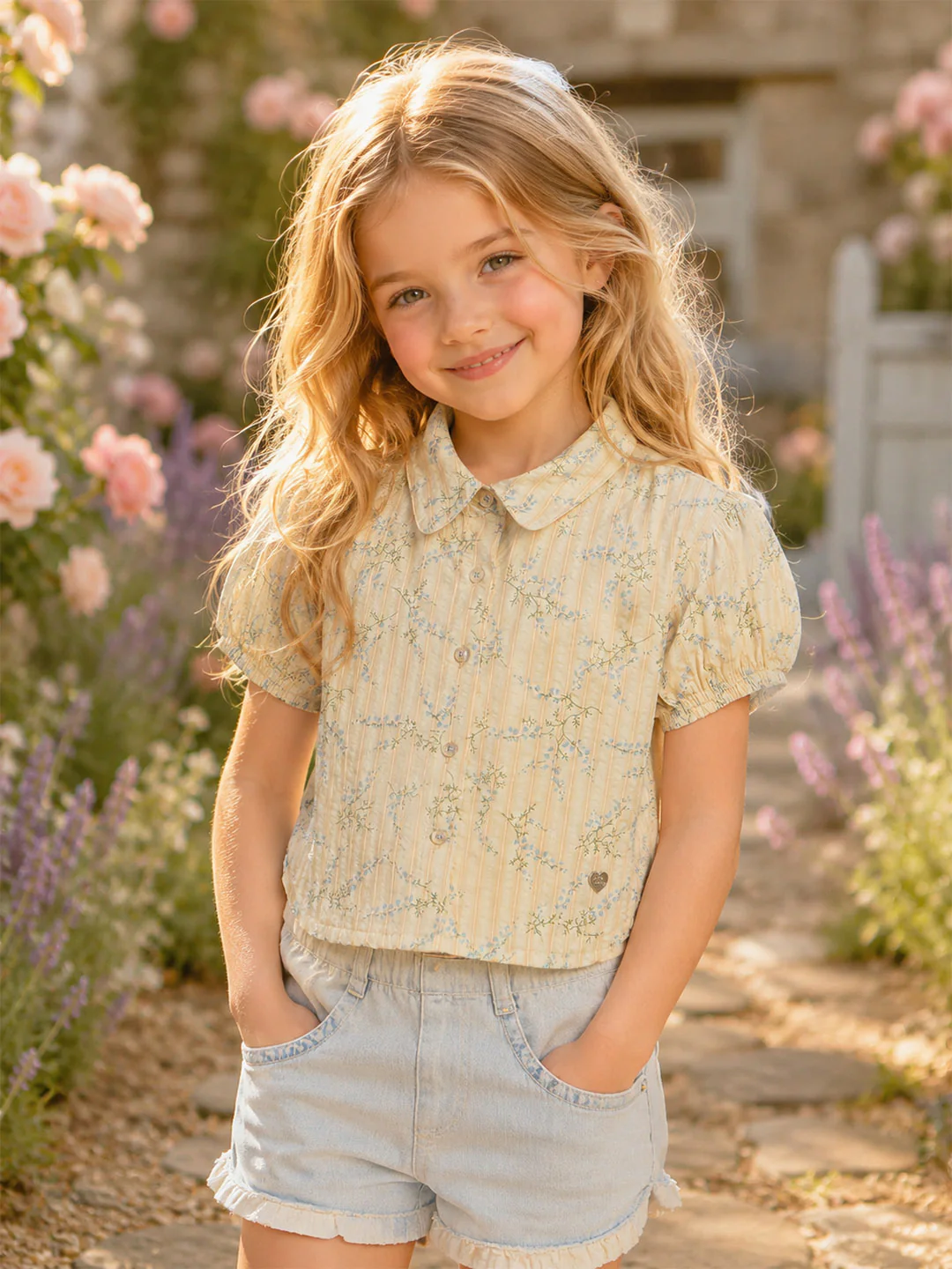 Blue Giraffe Girls Beige Printed Regular Fit Top