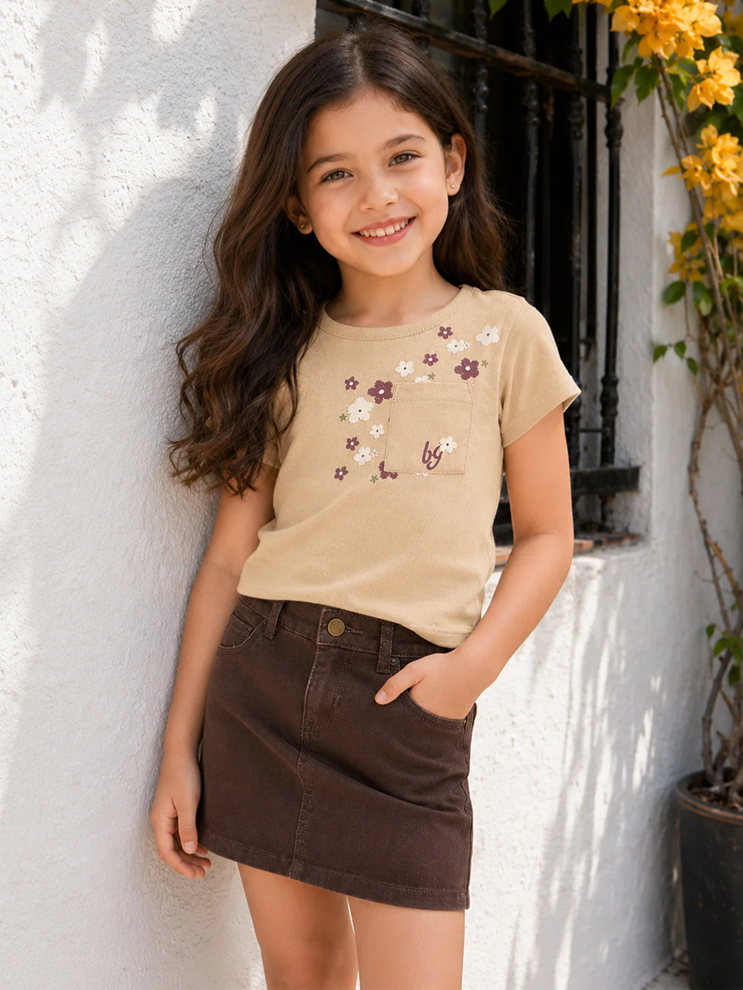 Blue Giraffe Girls Beige Embroidered Regular Fit Pure Cotton T-Shirt